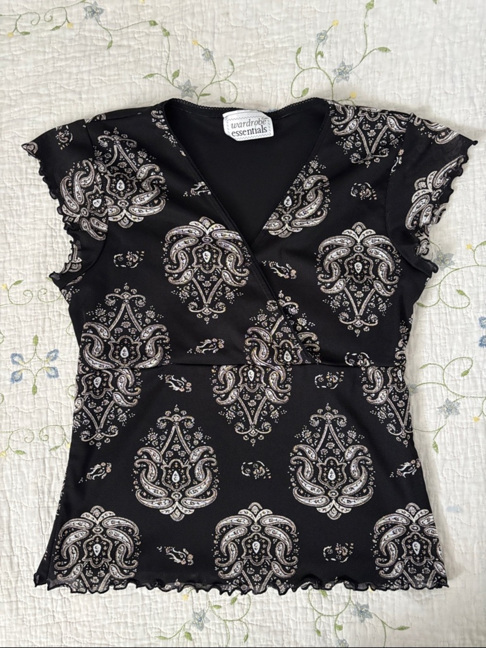 Y2K Black Paisley Wrap Top Medium Cinched Back Tie Fairy Grunge Coquette